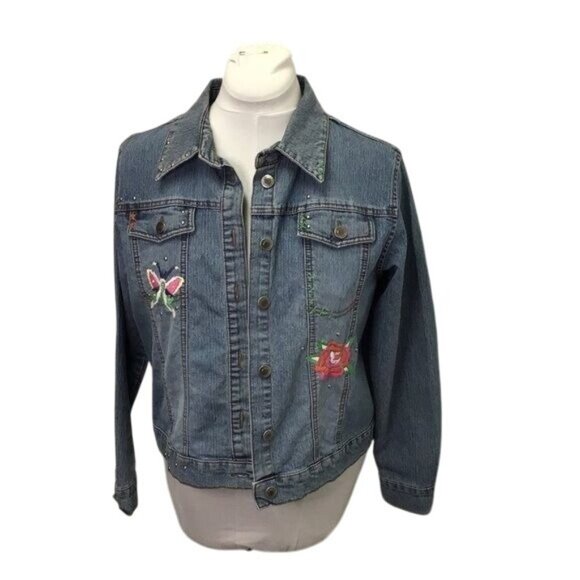 Arizona Jeans Vintage Juniors Embroidered Studded Denim Jacket, Blue, size XL - Picture 4 of 9